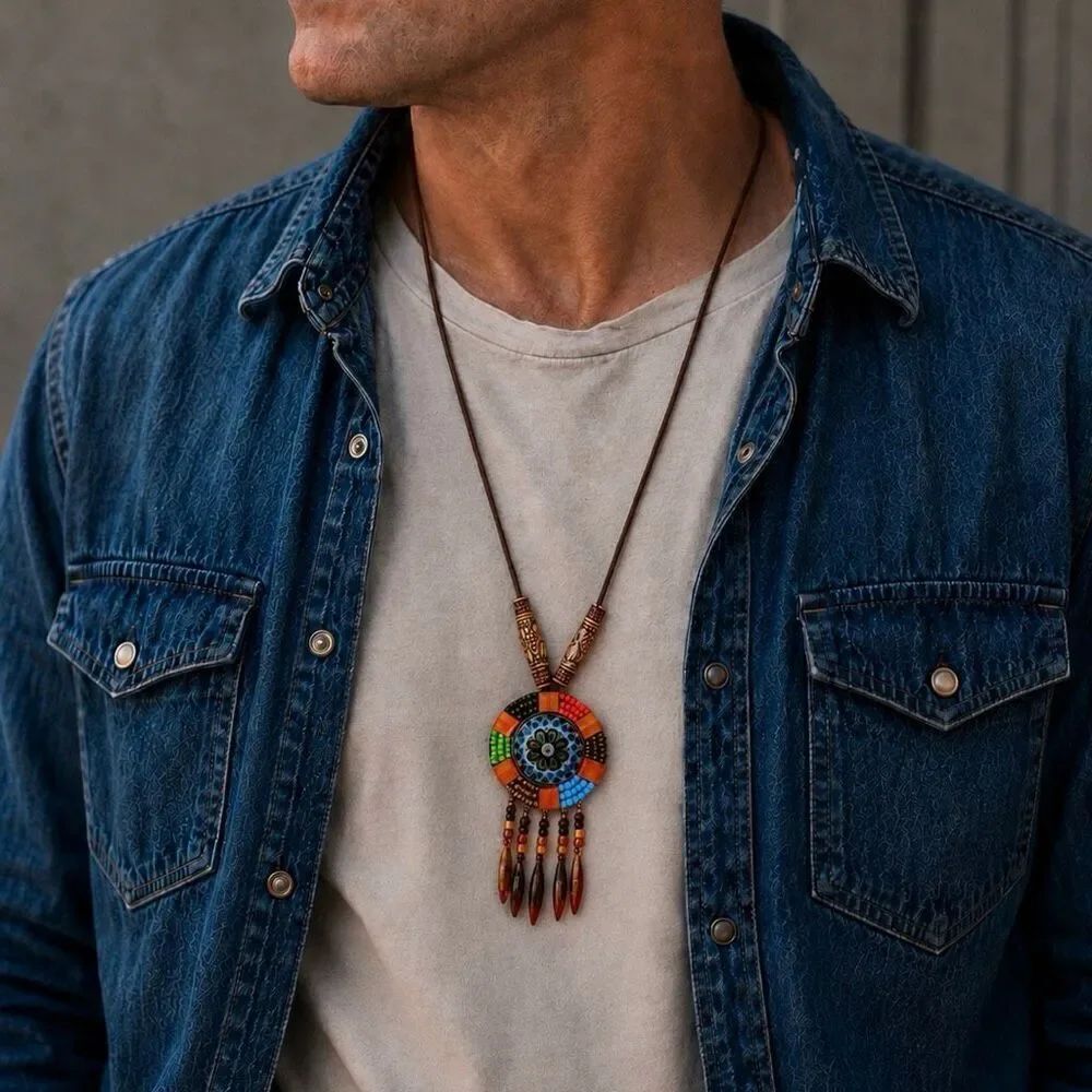 Boho Beaded Pendant Necklace, Earthy Western Style